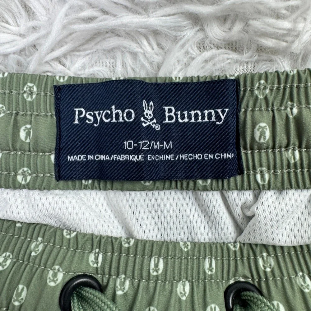 NWT Psycho Bunny Shorts Boys Medium 10-12 Green Bendigo AOP Lined Swim Trunk M